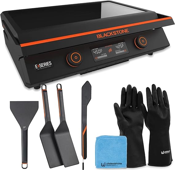 22 Inch Blackstone Electric Griddle Nonstick with Lid, 8001 E-Series Tabletop Large Griddle with Blackstone Griddle Accessories For Indoor and Outdoor Use and Wholesalehome Reusable Gloves and Cloth