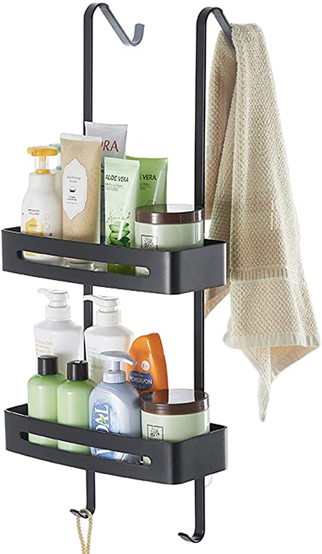 TZAMLI Hanging Shower Caddy Over The Door Shower Organizer, Aluminum Shower Shelf Bathroom Storage Rack with Hook and Basket (Black, 2-Tier)