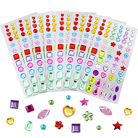 JPSOR 544Pcs Self-Adhesive Rhinestone Sticker Bling Craft Jewels Crystal Gem Stickers, Assorted Size, 8 Sheets