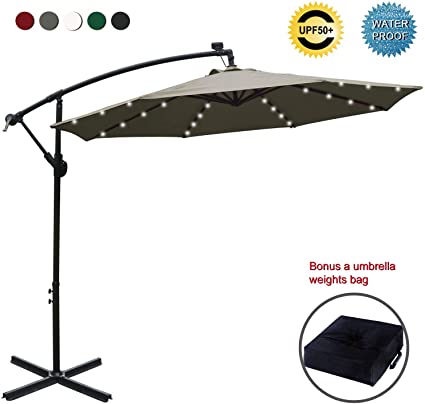 ABCCANOPY 10 FT Solar Powered LED Patio Outdoor Umbrella Hanging Umbrella Cantilever Umbrella Offset Umbrella Easy Open Lift 360 Degree Rotation with 32 LED Lights (Tan)