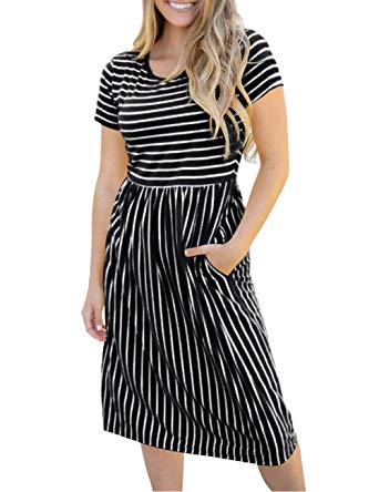 MEROKEETY Women's 3/4 Balloon Sleeve Striped High Waist T Shirt Midi Dress with Pockets