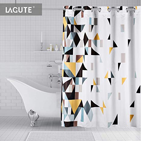 Lagute SnapHook Stijl Hookless Shower Curtain | Removable Liner | Weight Added Thicker Liner | Machine Washable | Gold Triangles