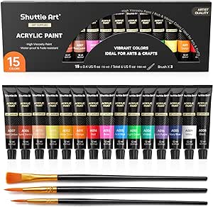 Shuttle Art Acrylic Paint Set, 15 x 12ml Tubes Artist Quality Non Toxic Rich Pigments Colours Perfect for Kids Adults Beginners Artists Painting on Canvas Wood Clay Fabric Ceramic Crafts