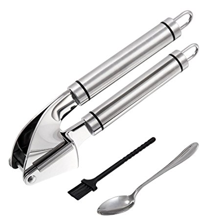 Stainless Steel Garlic Press – Empino Professional Kitchen Garlic Mincer and Crusher with Cleaning Brush & Spoon Included