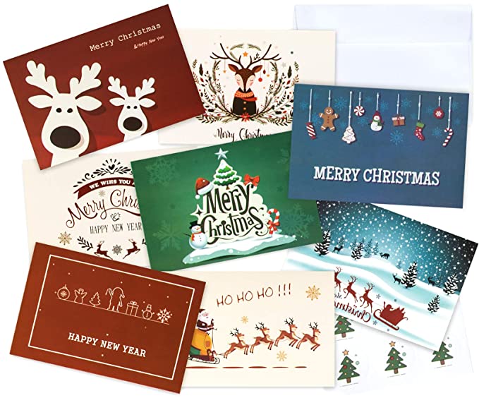 Trooer 48 Pack Merry Christmas Cards Boxed Set, 8 Styles of Festive Design Penguin, Snowman, Santa,Winter Holiday Greeting Cards for Xmas Gifts, with Envelopes and Sealing Stickers