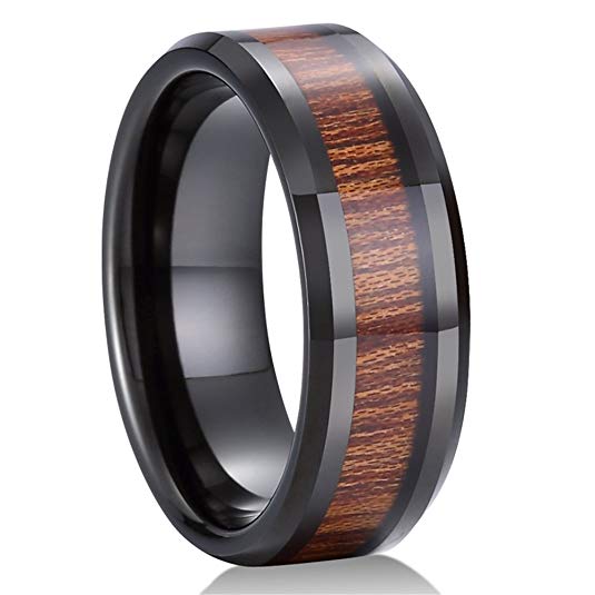 Fashion Month Mens Womens 8mm Black Tungsten Carbide Ring KOA Wood Vintage Wedding Engagement Promise Band Comfort Fit