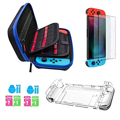 JUSONEY Nintendo switch case, Durable textured fabric Finish Crystal shell Switch Clear Cover Case 2 Pcs upgraded HD Screen protector for Nintendo Switch Console