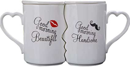 Creative Kissing Mugs Set, Ceramic Couple Coffee Mug with Lid - Good Morning Beautiful and Good Morning Handsome - 12 OZ White Tea Cup Set for Anniversary, Wedding, Birthday Gift