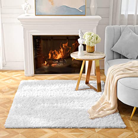 BAYKA Machine Washable Fluffy Area Rug Indoor Ultra Soft Shag Area Rug for Bedroom, Non-Slip Floor Carpet for Kids Home Decor Nursery Rug 4x5.3 Feet Pear White