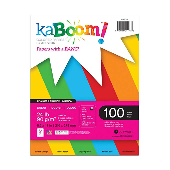 Kaboom Volt Neon Assorted Colored Paper, 8.5" x 11", Single Pack, Primary Colors