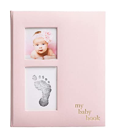 Pearhead Linen Baby Memory Book and Clean-Touch Ink Pad, Baby Girl Gift, Baby Milestones Photo Album, Pink
