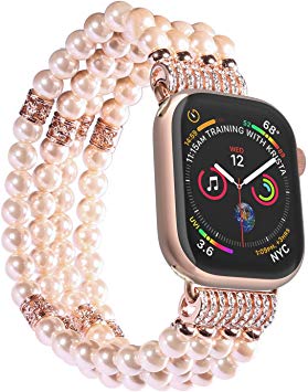 Imymax Replacement for Apple Watch Band 42mm/44mm Handmade Beaded Elastic Stretch Faux Pearl Bracelet Replacement iWatch Strap/Wristband for iWatch Series 4/3, Series 2, Series 1 - Pink for Women Girl