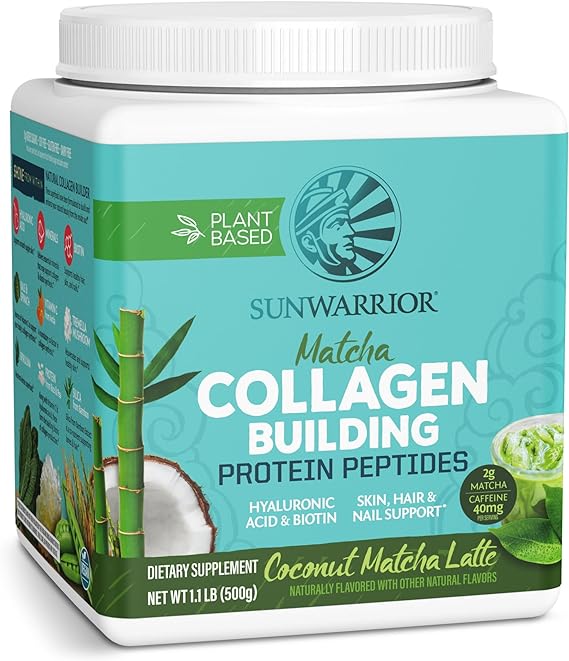 Sunwarrior Vegan Matcha Collagen Building Powder Peptide Protein | Biotin Vitamin C Hyaluronic Acid Collagen for Hair Skin & Nails | Dairy Free Gluten Free | 20 Servings Coconut Matcha Latte