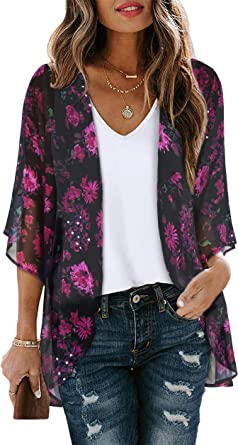 Womens Kimonos for Summer Puff Sleeve Cardigan Casual Loose Fit Beach Cover Ups Resorts Swimwear