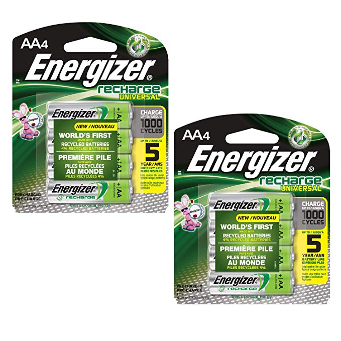 Rechargeable AA Batteries, NiMH, 2000 mAh, Pre-Charged, 4 Count (Recharge Universal) - Pack of 2