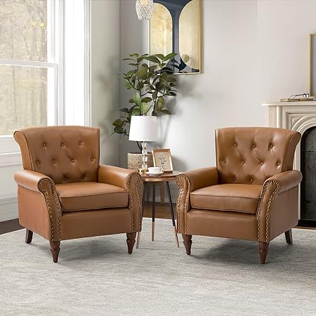 HULALA HOME Faux Leather Accent Chair Set of 2 Mid-Century Living Room Armchairs with Solid Wood Legs Padded PU Leather Chair Button Tufted Back Sofa Chair for Living Room Bedroom Home Reception,Camel