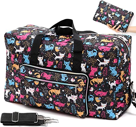 Foldable Travel Duffle Bag for Women Girls Large Cute Floral Weekender Overnight Carry On Bag for Kids Checked Luggage Bag (A-Color Cat)