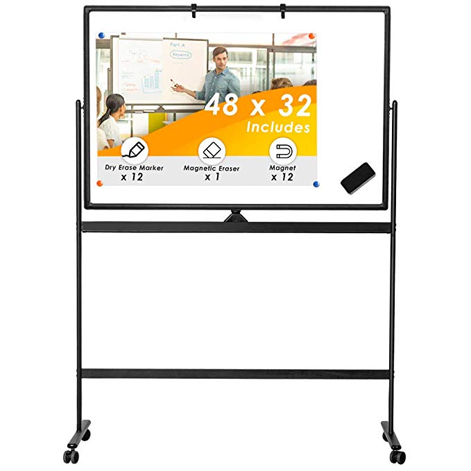 Double Sided Rolling Whiteboard, Mobile Whiteboard Magnetic White Board - 48 x 32 inches Large Reversible Dry Erase Board Easel Standing Board on Wheels with Black Aluminum Frame and Stand
