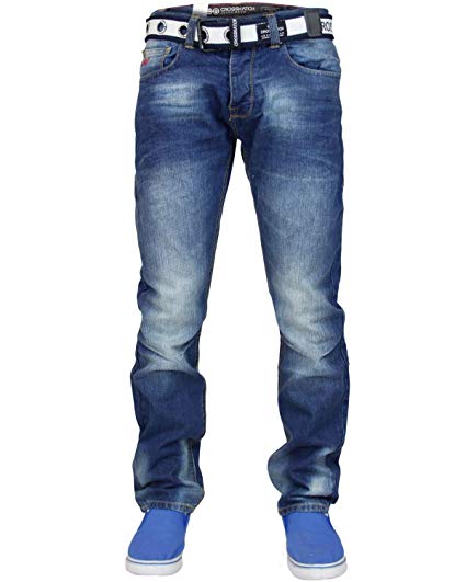 Crosshatch Mens Regular Straight Leg Cotton Branded Denim Jeans with Free Belt