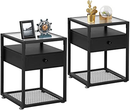 VECELO Nightstand Industrial Style End Side Table Cabinet with Drawer and Shelf Decoration in Living Room Bedroom Lounge,Set of 2, 15.7"X15.7"X21.7", Black