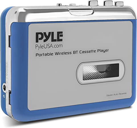 Portable Wireless BT Cassette Player - Lid Switcher, AUX Port w/LED Indicator, Auto Reverse Function, USB Cable for Power Supply, 3.5mm Earphone Jack & Bluetooth Transmitter - Pyle PCASRSD18BT