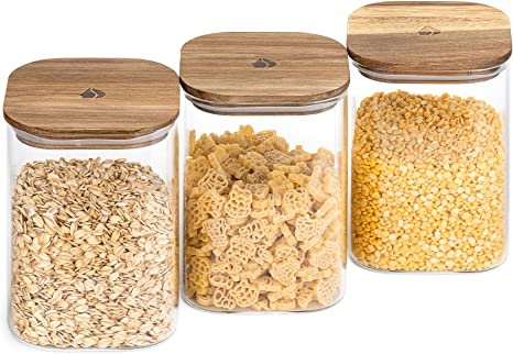 Navaris Glass Storage Jars 1L (Set of 3) - Airtight Food Containers with Acacia Wood Lids - Stackable Square Design for Kitchen Dry Goods