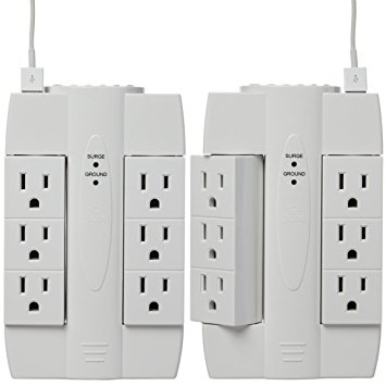 Globe Electric 2 Pack Space Plug Swivel Surge Protector Taps 6 Rotating Outlets 2 USB Ports