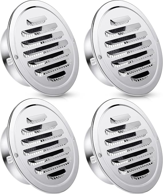 Stainless Steel Air Outlet Vents Round Louver Grille Cover Wall Air Soffit Vents Flat Ducting Air Ventilation Outlet Hood with Screen Mesh for Wall Ceiling (4 Pcs, 4 Inch)