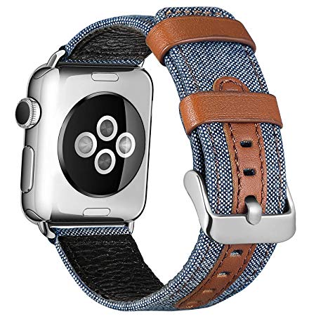 SKYLET Band Compatible with Apple Watch 38mm 42mm 44mm 40mm, Canvas Fabric Genuine Leather Strap Compatible with Apple Iwatch Series 4 3 2 1 Men Women (No Tracker)