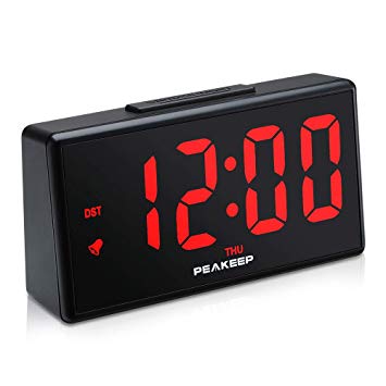 PEAKEEP Night Light Plug in Digital Alarm Clock with USB Charger Dimmer, Day, DST (Red LED)