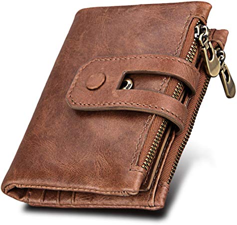 Girl Mens' Wallet RFID Blocking Genuine Leather Credit Card Holder Wallet/Large Zip Coin Pocket Purse (Brown/A)