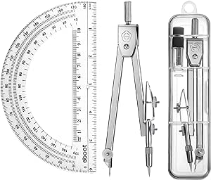 Student Protractor and Compass Set, Student Geometry Math Set, Compass for Geometry and 180 Degree Math Protractor for Drawing Measuring School Office (Clear,Classic)