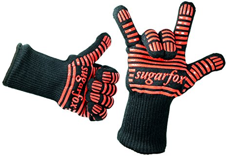 SugarFox Heat Resistant Gloves for Oven, Grill & Stove - Triple Layered Protection - Tough Firefighting Aramid Fiber & Durable Silicone Grip - 932°F Resistance (Black/Red) [24 Month Warranty]