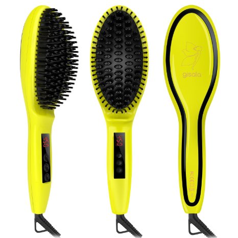 Gisala Metal Ceramic Heater Hair Straightening Brush,450℉/230℃,Auto Lock,Anti Scald,Adjustable Temperature,Instant Heat Up Hair Straightener(Light Yellow)