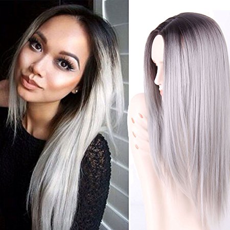 Synthetic Grey Ombre Wigs Dark Roots Long Straight Synthetic Two Tone Grey Wigs for Women   a wig cap