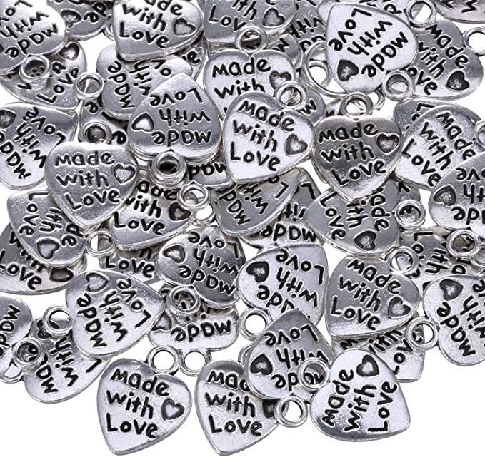 60 Pack Antique Silver Heart Charm Made with Love Charm Pendant for DIY Crafting Jewelry Making Findings Accessories