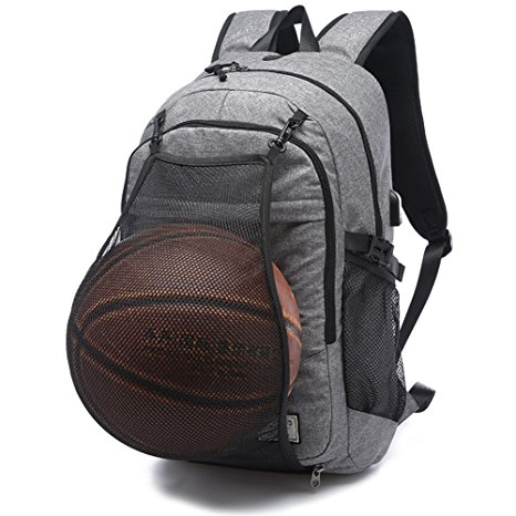 HaloVa Travel Backpack, Large Capacity Laptop Backpack with USB Charging Port, Waterproof School Bag with Basketball Mesh Exercise Fitness Backpack for College Student Men, Gray