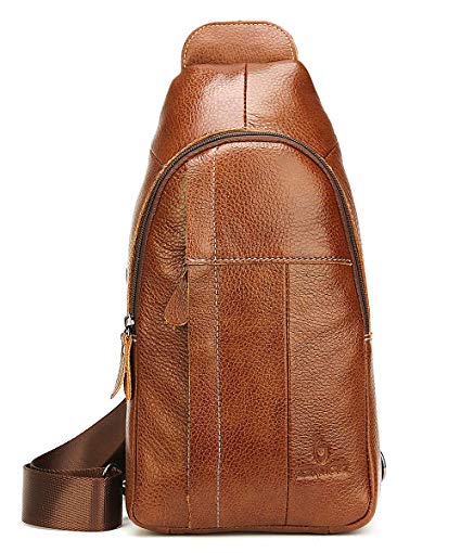 Genuine Leather Sling Bag For Men Women Sling Backpack with Charging Port Crossbody Backpack For Travel - Brown