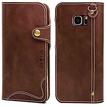 Galaxy S7 Wallet Leather Case , Genuine Cowhide Handmade Protective Vintage Flip Folio Cover with Snap Magnetic Closure and Hand Strap for Samsung Galaxy S7 - Dark Brown