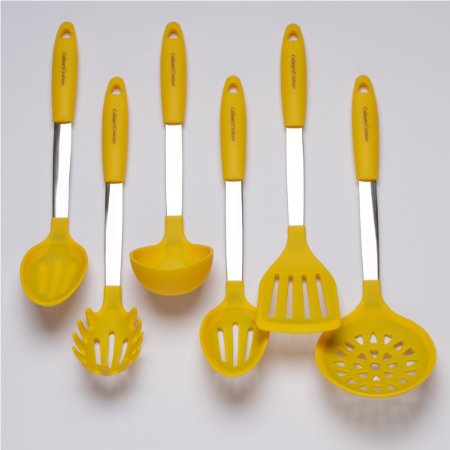 Yellow Cooking Utensil Set - Stainless Steel & Silicone Heat Resistant Professional Kitchen Tools - Spatula, Mixing & Slotted Spoon, Ladle, Pasta Fork Server, Drainer - Bonus Ebook!