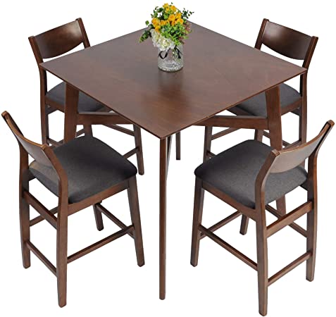 LUCKYERMORE 5 Piece Counter Height Dining Table Set with 4 Bar Stools Mid Century Kitchen Dining Room Pub Table and Chairs for 4 Wood Dinette Set, Walnut