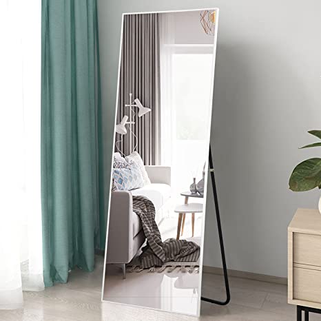 Trvone Full Length Mirror Aluminum Alloy Thin Frame Wall-Mounted Mirror Hanging or Leaning Against Wall Bedroom Mirror Floor Mirror Dressing Mirror, Full Body Mirror, White, 65"x22"
