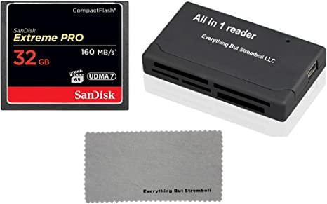 SanDisk Extreme Pro 32GB CompactFlash CF Memory Card works with Canon EOS 5D Mark II, 7D, DSLR Camera HD UDMA 7 (SDCFXPS-032G-X46) with Everything But Stromboli (TM) Microfiber Cloth and Combo Reader