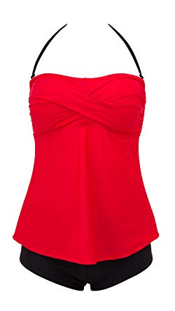 Lorasea Women's Two Piece Swimsuits Bandeau Ruched Tankini Tops Swimdress Padded Bathing Suits with Briefs