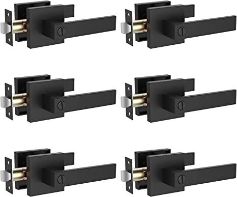 Ohuhu Door Black Handle Lever Lock 6 Pack Heavy Duty Interior Door Knob Privacy with Modern Contemporary Slim Square Design Matte Finish for Bedroom & Bathroom Keyless