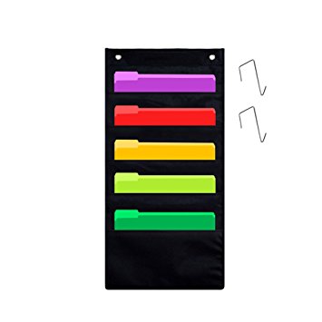 Godery 5 pocket hanging wall organizer, Heavy Duty Storage Pocket Chart Cascading Fabric file organizer, Office Supplies Storage, Ideal for Office, Home Classroom or Studio Use (Black)