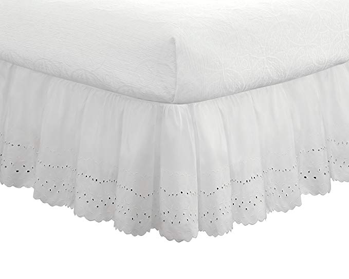Eyelet Ruffled Bedskirt – Ruffled Bedding with Gathered Styling –14” Drop, King, White