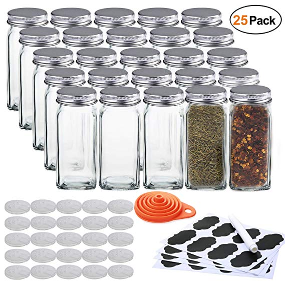 STONEKAE 25 Pcs Glass Spice Jars- Square Glass Containers With Square Empty Jars 4oz, Airtight Cap, Chalkboard & Clear Label, Shaker Insert Tops and Wide Funnel - Complete Organizer Set