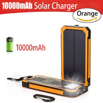 Solar Charger, Solar Battery Charger, Solar Power Bank ToullGo® 10000mAh Portable Dual USB Output Waterproof Shock-Resistant Solar Powered Phone Charger for iPhone/iPod/iPad/Samsung/ HTC (Orange)