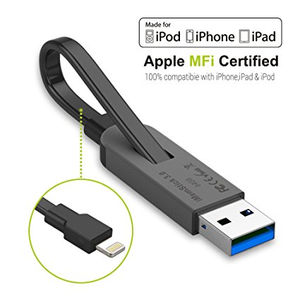 Lightning Flash Drive 64GB USB 3.0 Storage Stick,ZeroLemon iMemStick 3.0 2-in-1 Lightning Flash Drive-Storage Backup Charging Cable All-in-One External Storage for iPhone/iPad/PCs/Mac Computers-Black